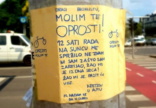 U Zagrebu osvanula poruka: “Dragi biciklistu, oprosti – kreten u autu”