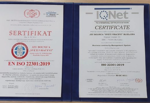 Bolnici “Sveti vračevi” u Bijeljini danas je uručen sertifikat ISO 22301:2019
